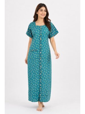 Women’s Front Full Open Cotton Nighty - Turquoise