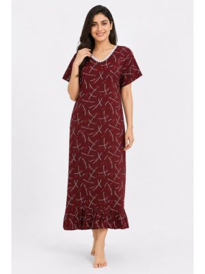 Women's Cotton Printed Frock Nighty – Maroon