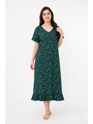 Women's Cotton Printed Frock Nighty – Green