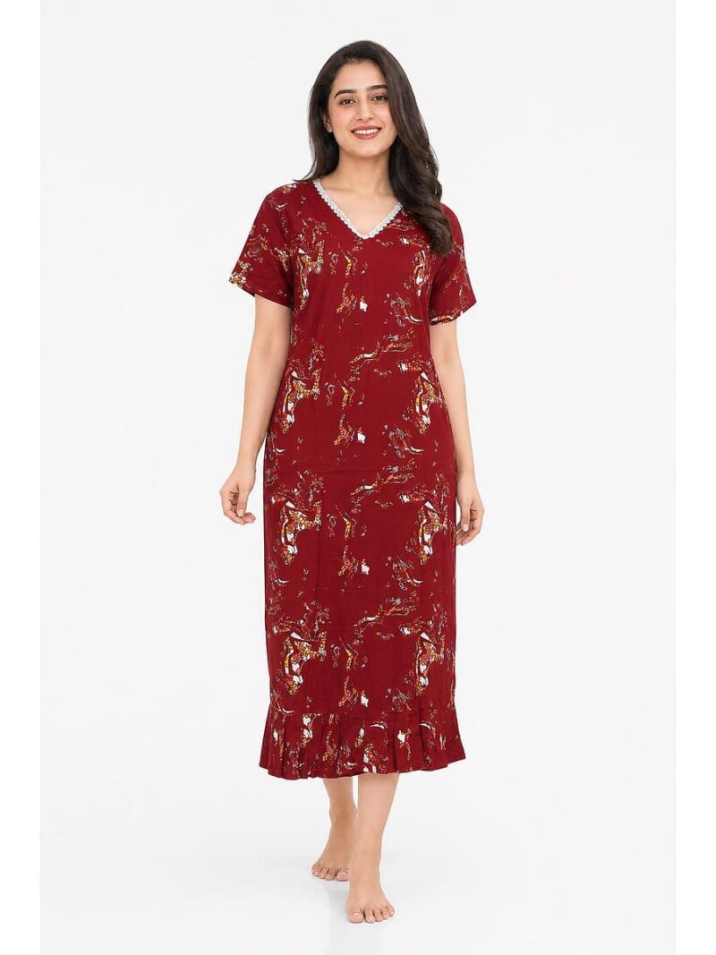 W-NY-516-06-RD-XL_front Women's Cotton Printed Frock Nighty – Red