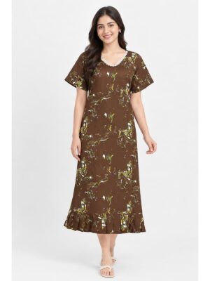 Women's Cotton Printed Frock Nighty – Brown
