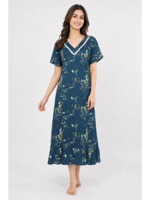 Women's Cotton Printed Frock Nighty – Teal