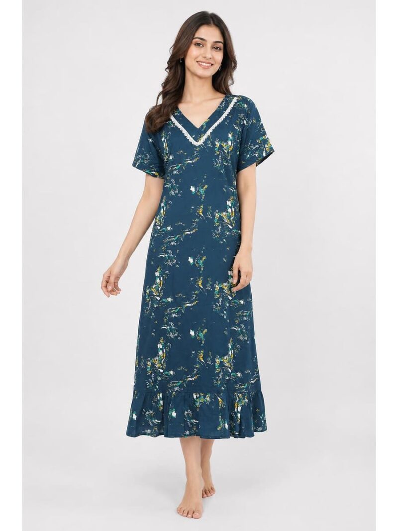 W-NY-516-09-TL-XL_front Women's Cotton Printed Frock Nighty – Teal