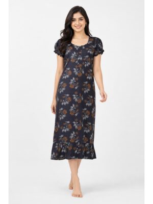 Women's Cotton Zip Frock Nighty - Navy Blue