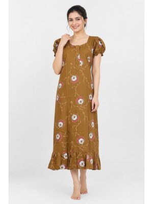 Women's Cotton Zip Frock Nighty - Brown
