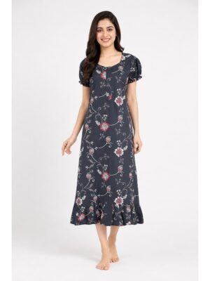 Women's Cotton Zip Frock Nighty - Grey