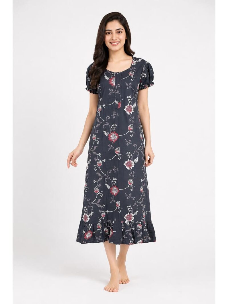 W-NY-517-22-GY-M_front Women's Cotton Zip Frock Nighty - Grey