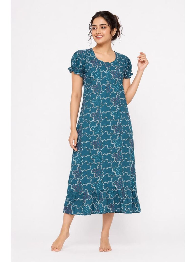 W-NY-517-24-TL-M_front Women's Cotton Zip Frock Nighty - Teal