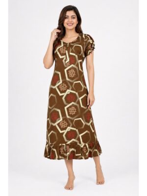 Women's Cotton Zip Frock Nighty - Brown