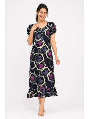 Women's Cotton Zip Frock Nighty - Navy Blue
