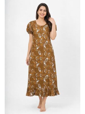 Women's Cotton Zip Frock Nighty - Brown
