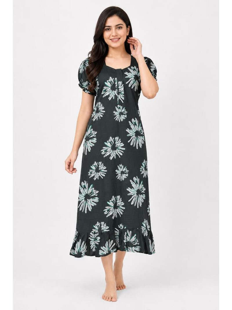 Women's Cotton Zip Frock Nighty - Green