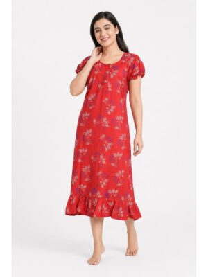 Women's Cotton Zip Frock Nighty - Scarlet