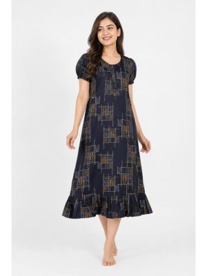 Women's Cotton Zip Frock Nighty - Navy Blue