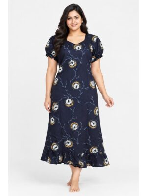 Women's Plus Size Cotton Frock Nighty - Navy Blue