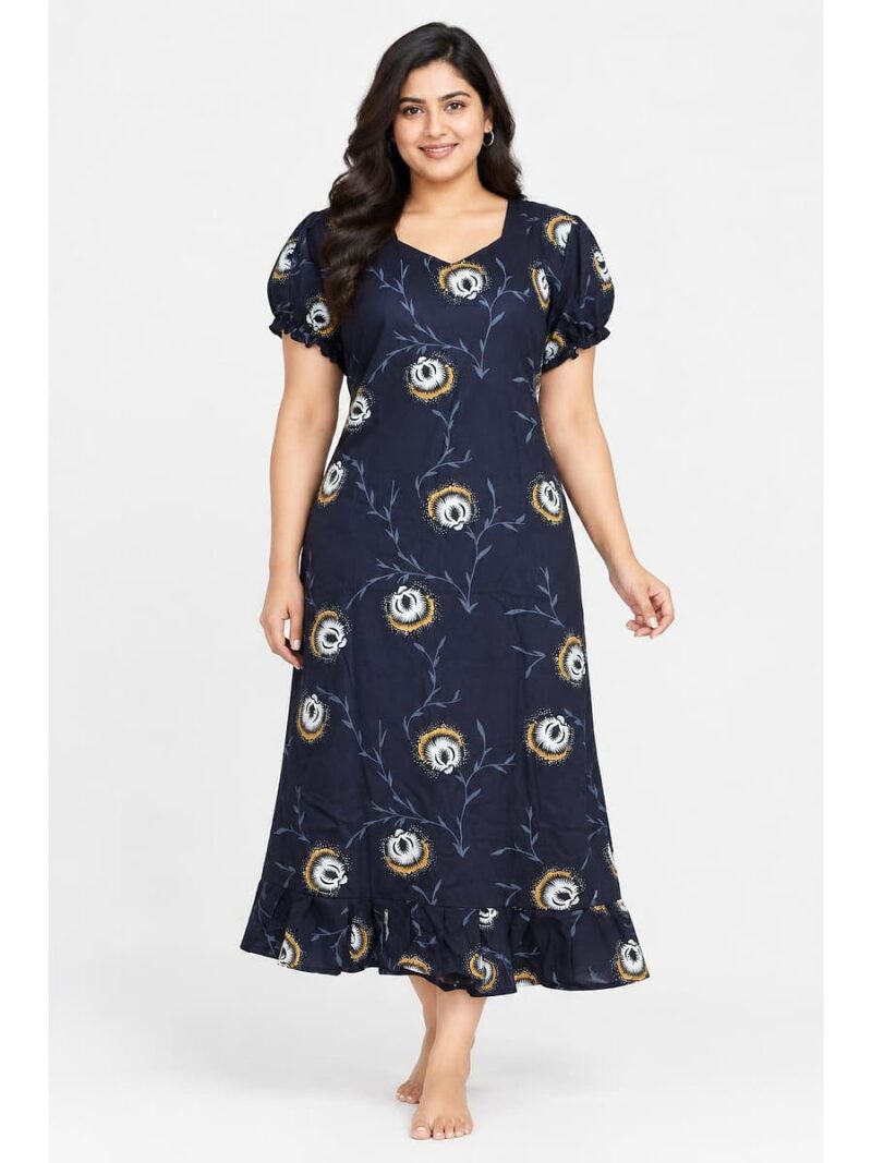 W-NY-520-14-NB-3XL_front Women's Plus Size Cotton Frock Nighty - Navy Blue