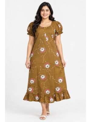 Women's Cotton Plus-Size Frock Nighty with Zip - Brown