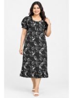 Women's Cotton Plus-Size Frock Nighty with Zip - Black