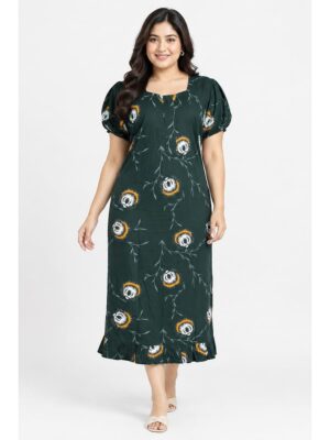 Women's Cotton Plus-Size Frock Nighty with Zip - Green
