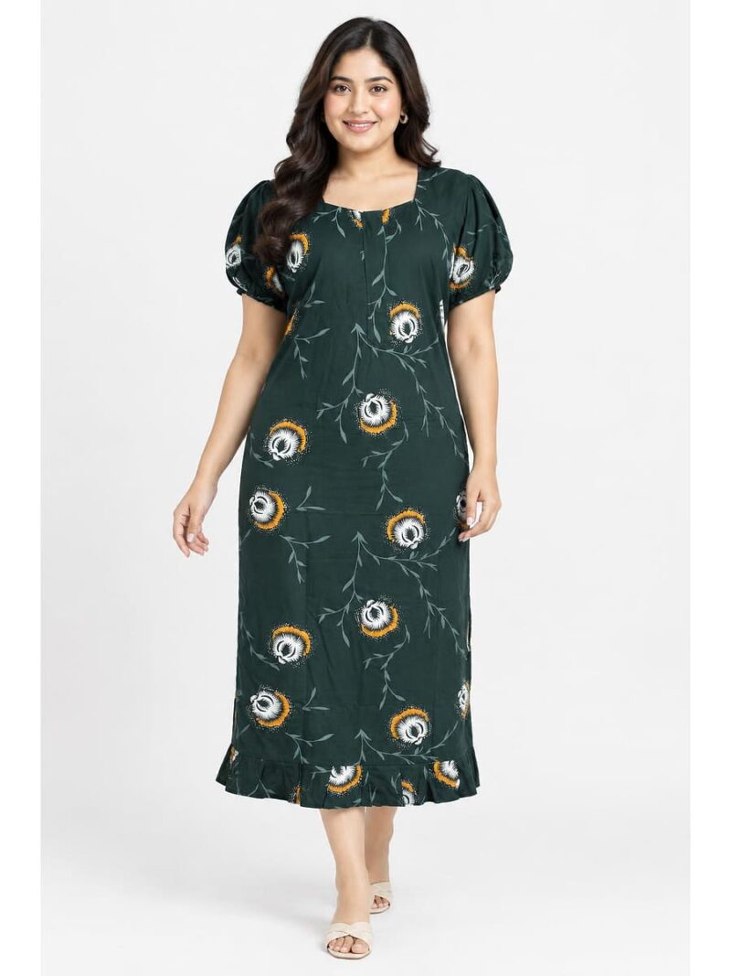 Women's Cotton Plus-Size Frock Nighty with Zip - Green