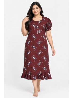 Women's Cotton Plus-Size Frock Nighty with Zip - Maroon