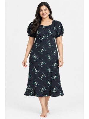 Women's Cotton Plus-Size Frock Nighty with Zip - Navy Blue