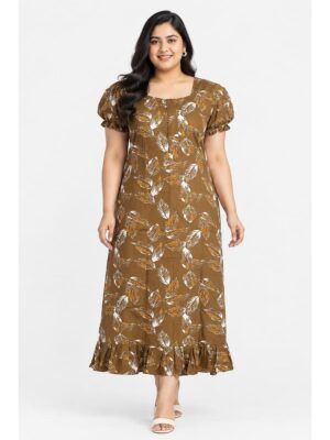 Women's Cotton Plus-Size Frock Nighty with Zip - Brown
