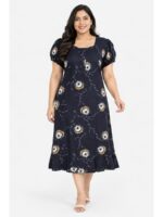 Women's Cotton Plus-Size Frock Nighty with Zip- Navy Blue