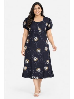 Women's Cotton Plus-Size Frock Nighty with Zip- Navy Blue