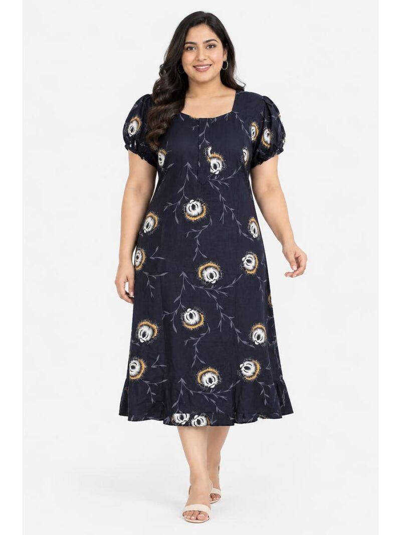Women's Cotton Plus-Size Frock Nighty with Zip- Navy Blue