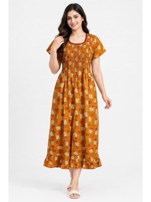 Women's Cotton Smocked Frock Nighty – Mustard Orange