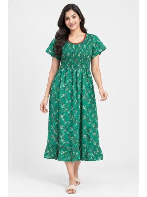 Women's Cotton Smocked Frock Nighty – Green
