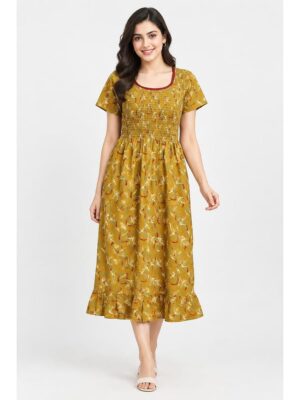 Women's Cotton Smocked Frock Nighty – Mustard Yellow