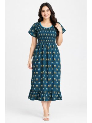 Women's Cotton Smocked Frock Nighty – Navy Blue