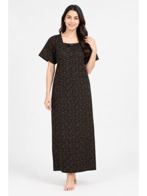 Women’s Cotton Printed Nighty – Black