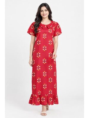 Women's Cotton Collared Frock Nighty - Raspberry