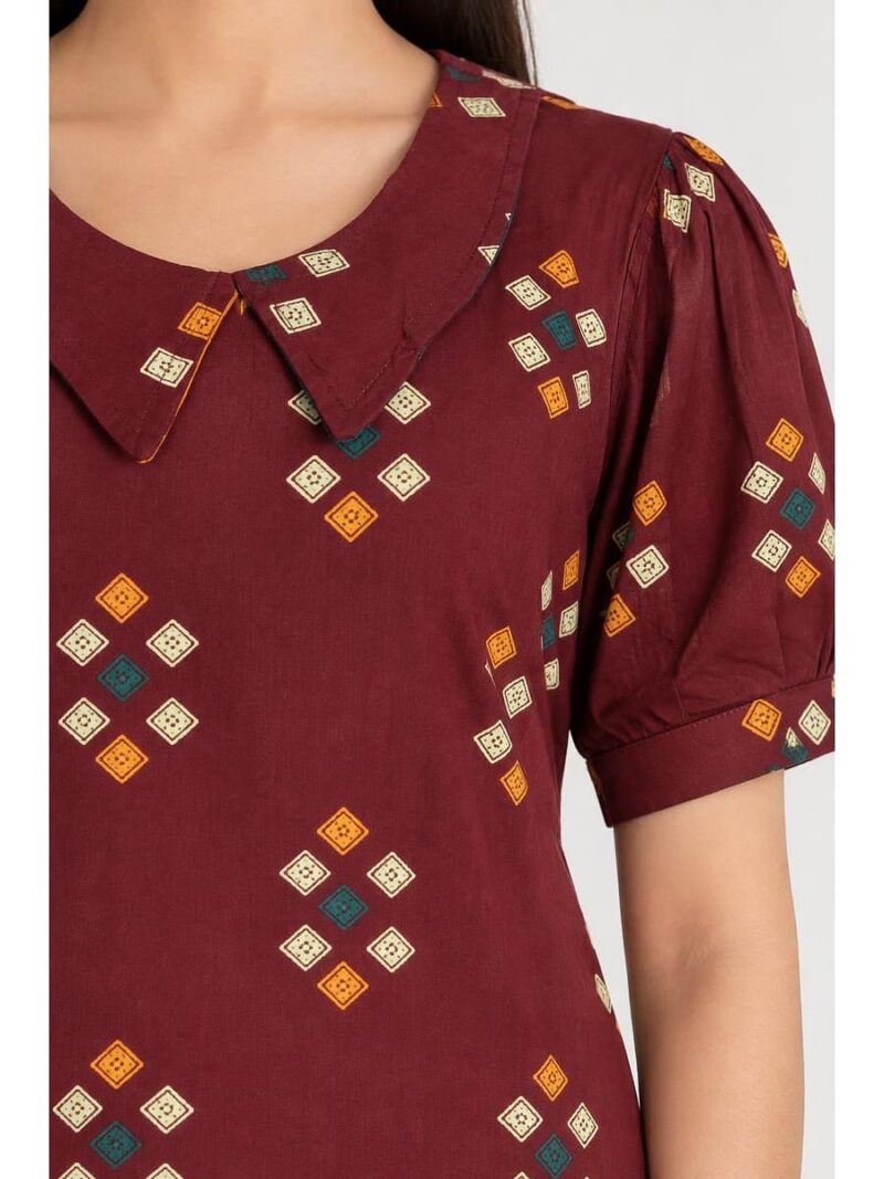Women's Cotton Collared Frock Nighty - Maroon