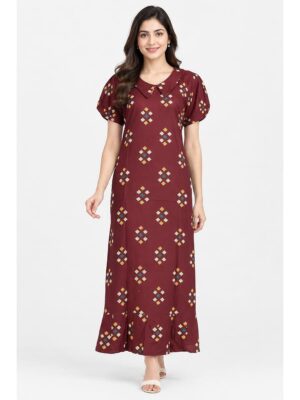 Women's Cotton Collared Frock Nighty - Maroon