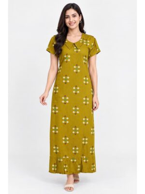 Women's Cotton Collared Frock Nighty - Mustard Yellow