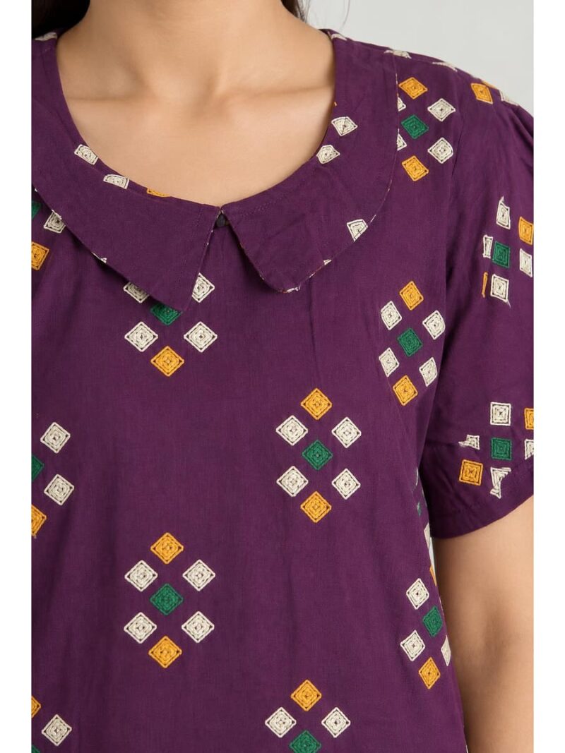 Women's Cotton Collared Frock Nighty - Purple