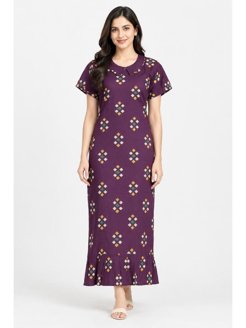 Women's Cotton Collared Frock Nighty - Purple