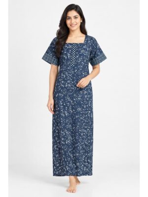 Women’s Cotton Nighty with Zip – Navy Blue