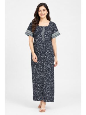 Women’s Cotton Nighty with Zip – Navy Blue