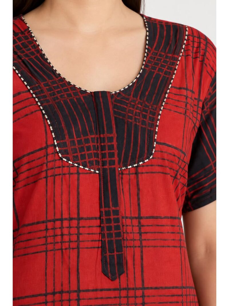 Women's Cotton Checked Nighty - Red & Black