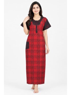 Women's Cotton Checked Nighty - Red & Black