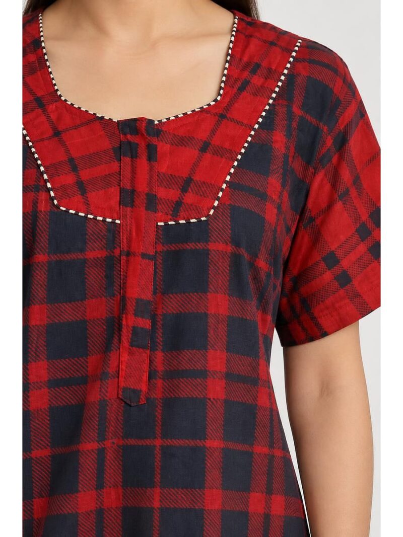 Women's Cotton Checked Nighty - Red & Black