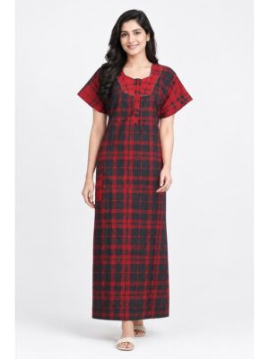 Women's Cotton Checked Nighty - Red & Black