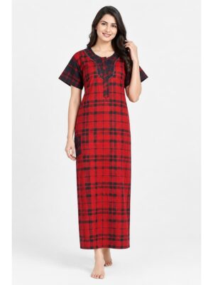 Women's Cotton Checked Nighty - Red & Black