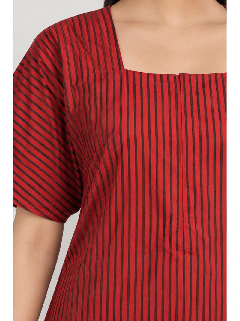 Women's Cotton Striped Nighty with Zip - Red