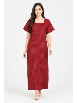 Women's Cotton Striped Nighty with Zip - Red